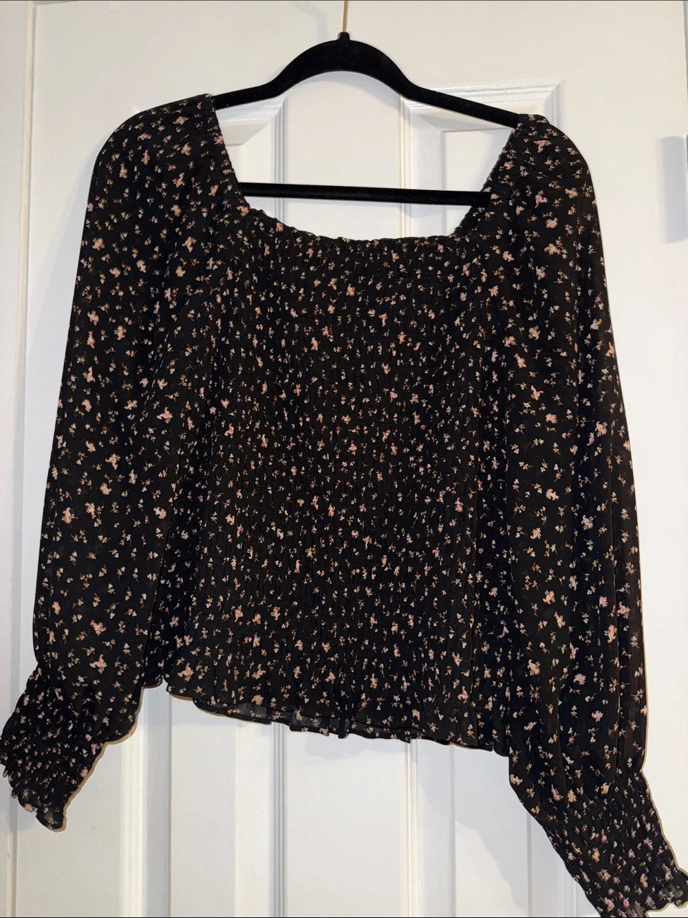 Madewell Black Floral Smocked Blouse with Tan Print